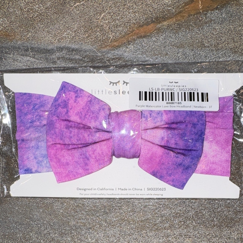 Little Sleepies Bamboo Pink and Purple Watercolor Bow Headband NWT